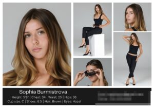 Model comp card example with headshot, four range shots, and stats, photographed at dk3studios San Diego