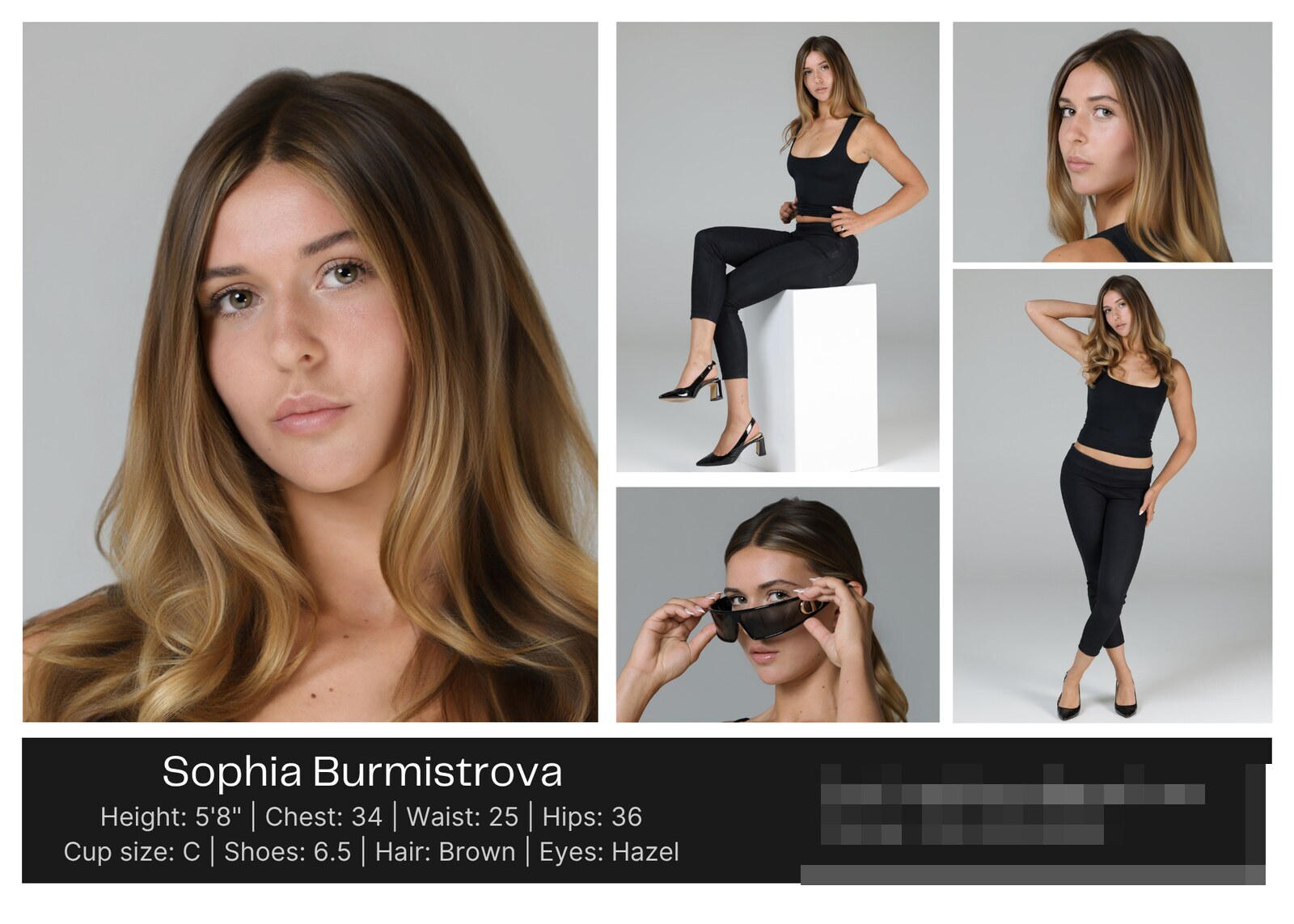 Model comp card example with headshot, four range shots, and stats, photographed at dk3studios San Diego